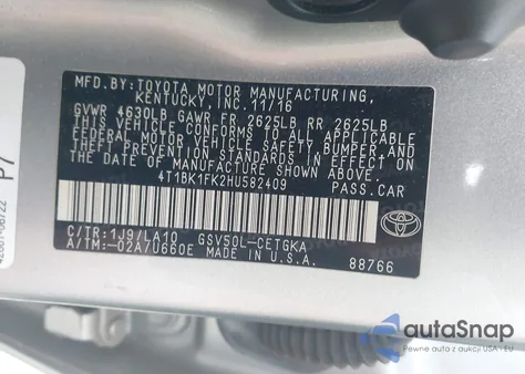 2017 Toyota Camry Xle V6 z USA, uszkodzony, nr VIN 4T1BK1FK2HU582409